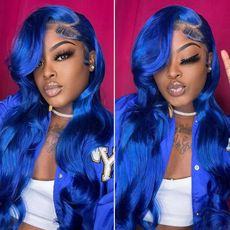 Dark blue big wave wig for women, featuring a stylish middle part from DoubleMfashion, showcased on a mannequin.