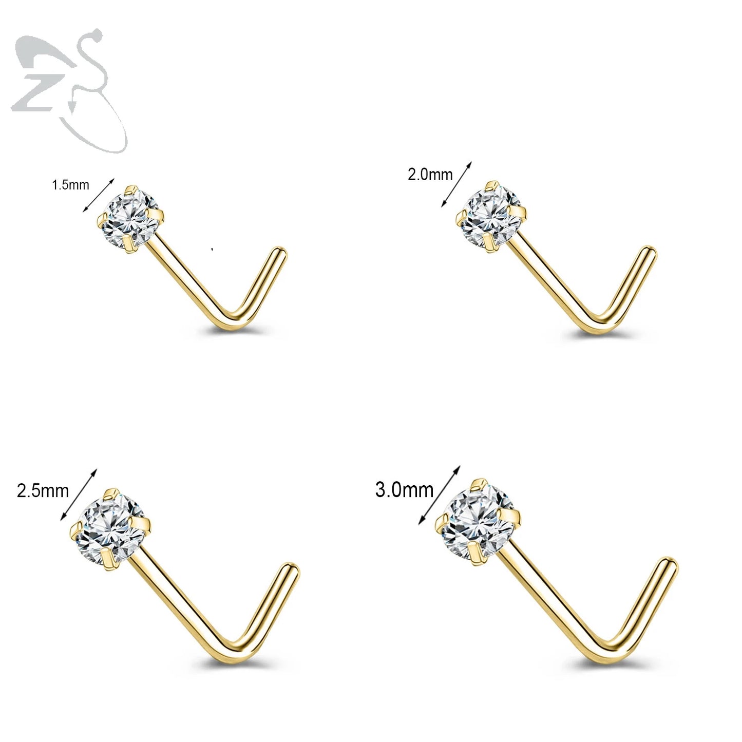 Gold stainless steel nose stud set featuring heart, star, and round crystal designs in L shape for nostril piercing.