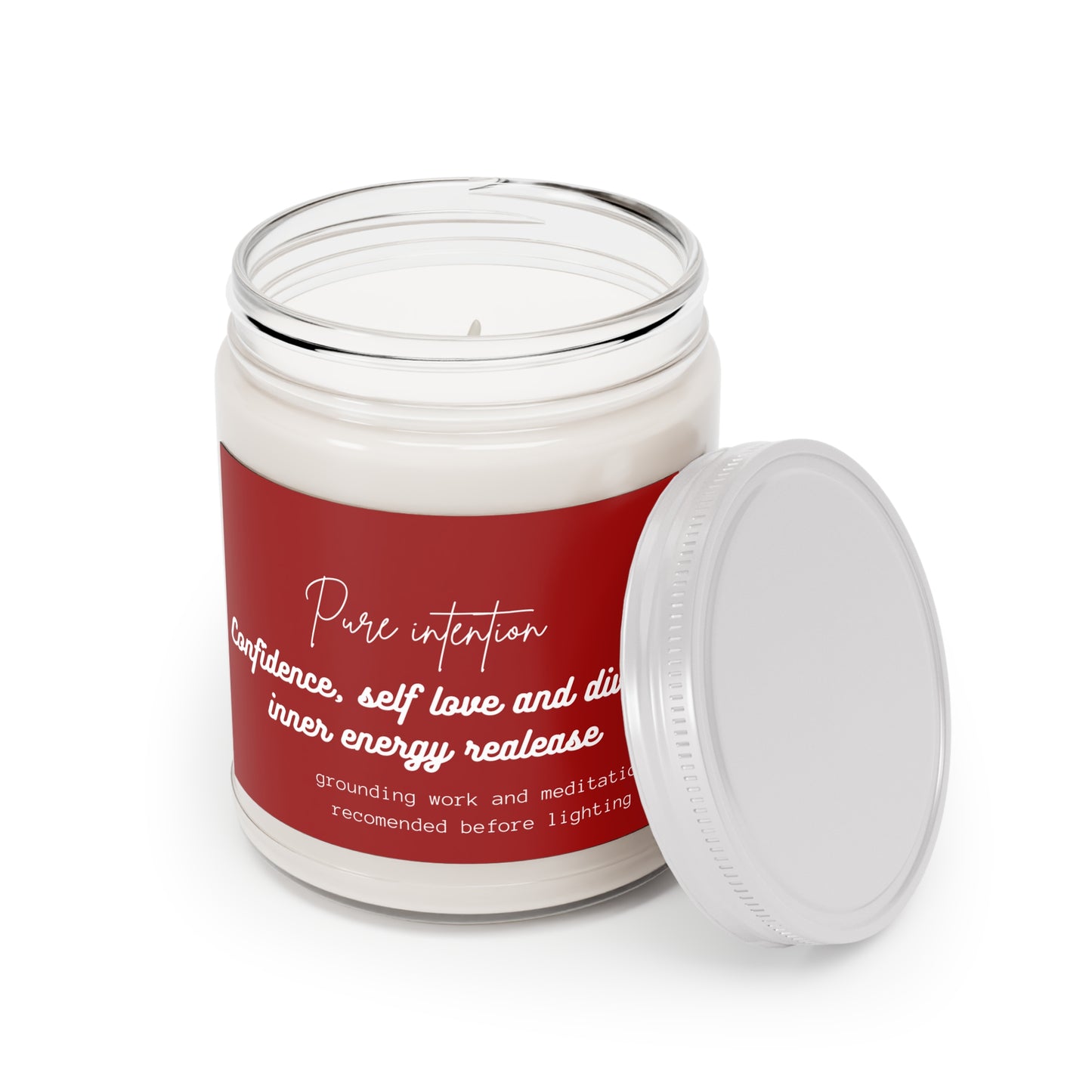 Scented soy jar candle by Printify, labeled for confidence, self-love, and inner energy, with a warm glow.