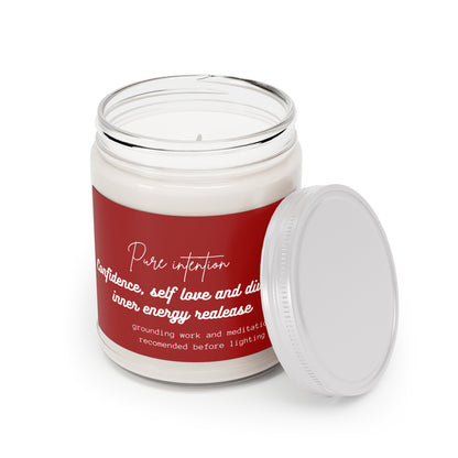 Scented soy jar candle by Printify, labeled for confidence, self-love, and inner energy, with a warm glow.