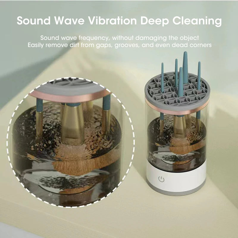 Electric Makeup Brush Cleaner by DoubleMfashion with a sleek design, showing brushes being cleaned in the device.