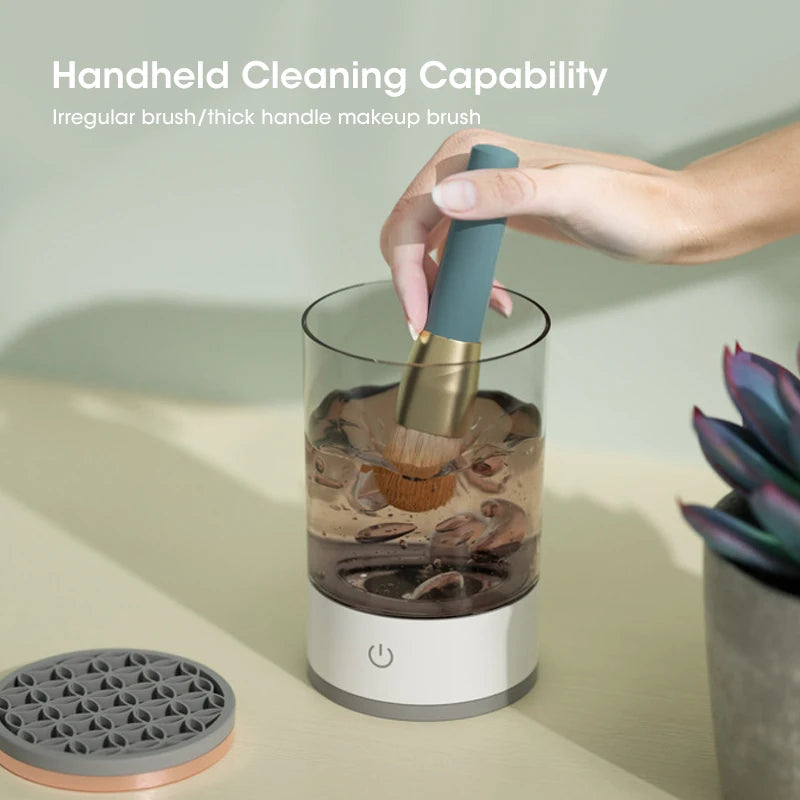 Electric Makeup Brush Cleaner by DoubleMfashion, showcasing a sleek design with brushes and cleaning solution in the image.