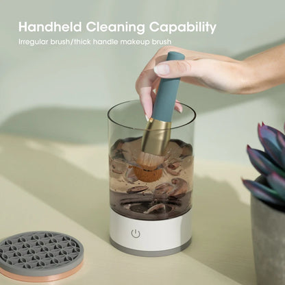 Electric Makeup Brush Cleaner by DoubleMfashion, showcasing a sleek design with brushes and cleaning solution in the image.