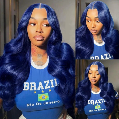 Dark blue big wave wig for women by DoubleMfashion in European and American style, showcasing middle parting.