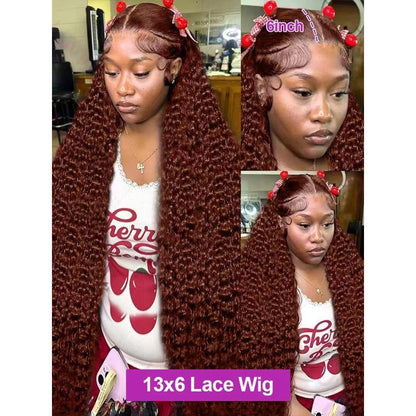 Brown deep curly wig by DoubleMfashion displayed on a mannequin, showcasing its voluminous and textured curls.