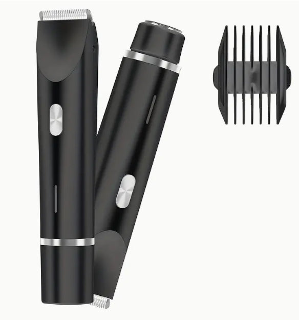 DoubleMfashion 2-in-1 electric hair remover with double heads for wet and dry use, designed for body and pubic hair trimming.
