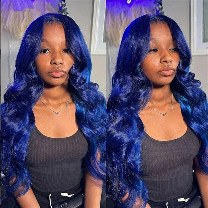Dark blue big wave wig for women, featuring a middle part, by DoubleMfashion in European and American style.