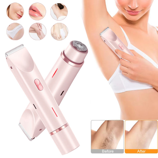 DoubleMfashion 2-in-1 women's electric hair remover with double head for pubic and body hair grooming.