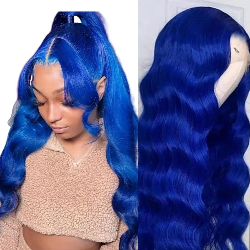 Dark blue big wave wig for women, styled with a middle part, by DoubleMfashion.