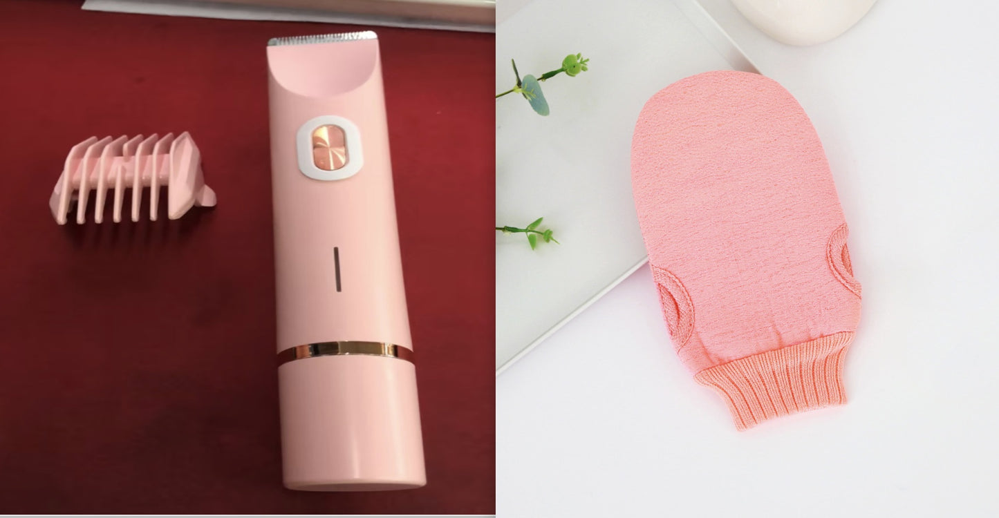 DoubleMfashion 2-in-1 electric hair remover with double head design for wet/dry use, ideal for body and pubic hair trimming.