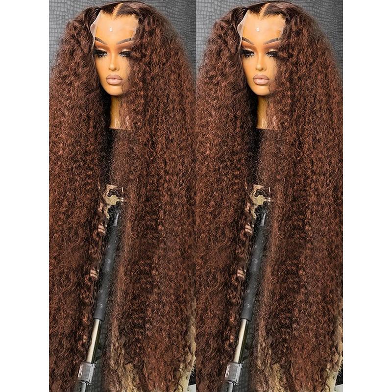Brown deep curly wig by DoubleMfashion showcasing voluminous curls and a natural look.