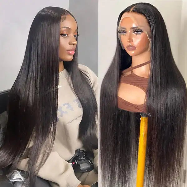 Glueless HD transparent lace frontal wig by DoubleMfashion, featuring 13x4 Raw Indian human hair in straight and curly styles.