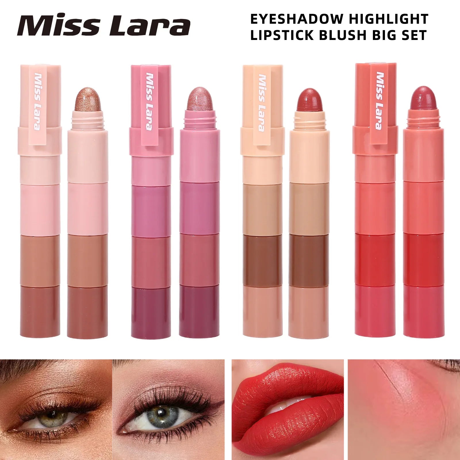 2-in-1 lipstick and eyeshadow set in matte velvet and pearlescent finishes, showcasing long-lasting, moisturizing colors.