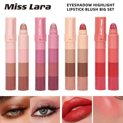 2-in-1 lipstick and eyeshadow set in matte velvet and pearlescent finishes, showcasing long-lasting, moisturizing colors.