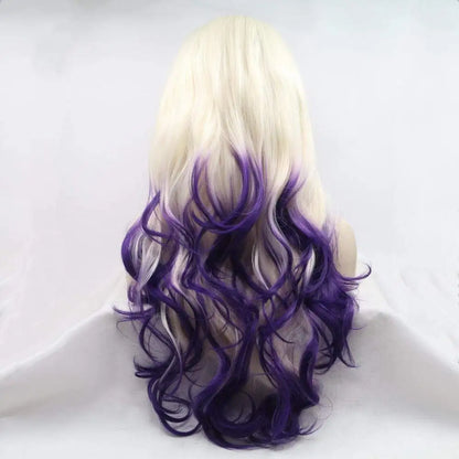 Blonde to purple ombre lace front wig with body wave texture, featuring long wavy two-tone synthetic hair for women.