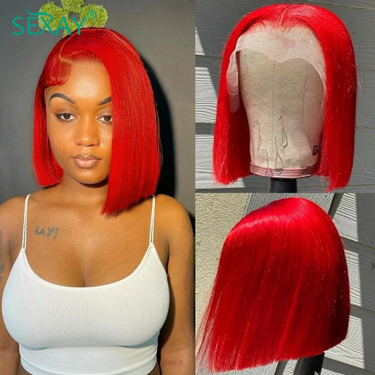 Hot red 13x4 pre-cut lace front wig by DoubleMfashion, featuring a short bob style with HD transparent lace.