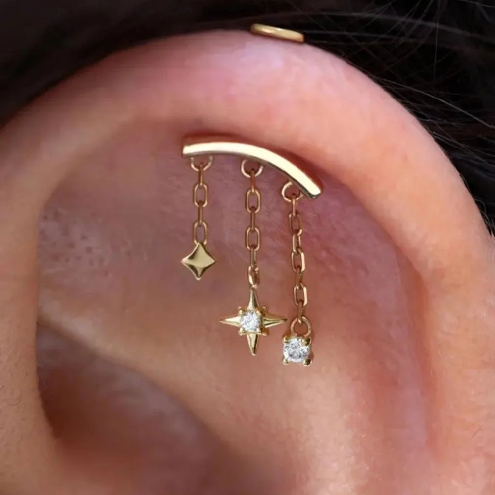 CANNER 925 sterling silver eight-pointed star CZ piercing earring with tassel chain design for women, fine jewelry.