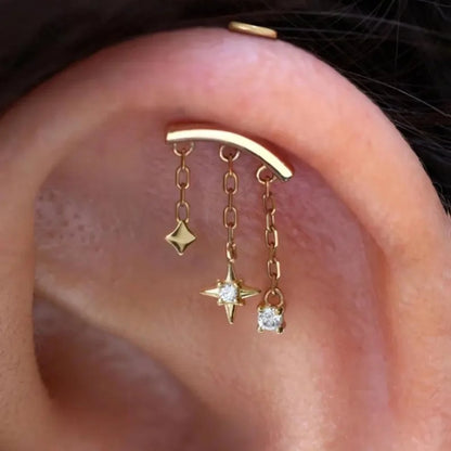 CANNER 925 sterling silver eight-pointed star CZ piercing earring with tassel chain design for women, fine jewelry.