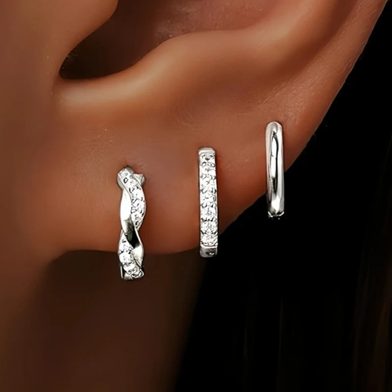 3PCS gold stainless steel hoop earrings set with zircon flower stud earrings for women, ideal for cartilage piercing.