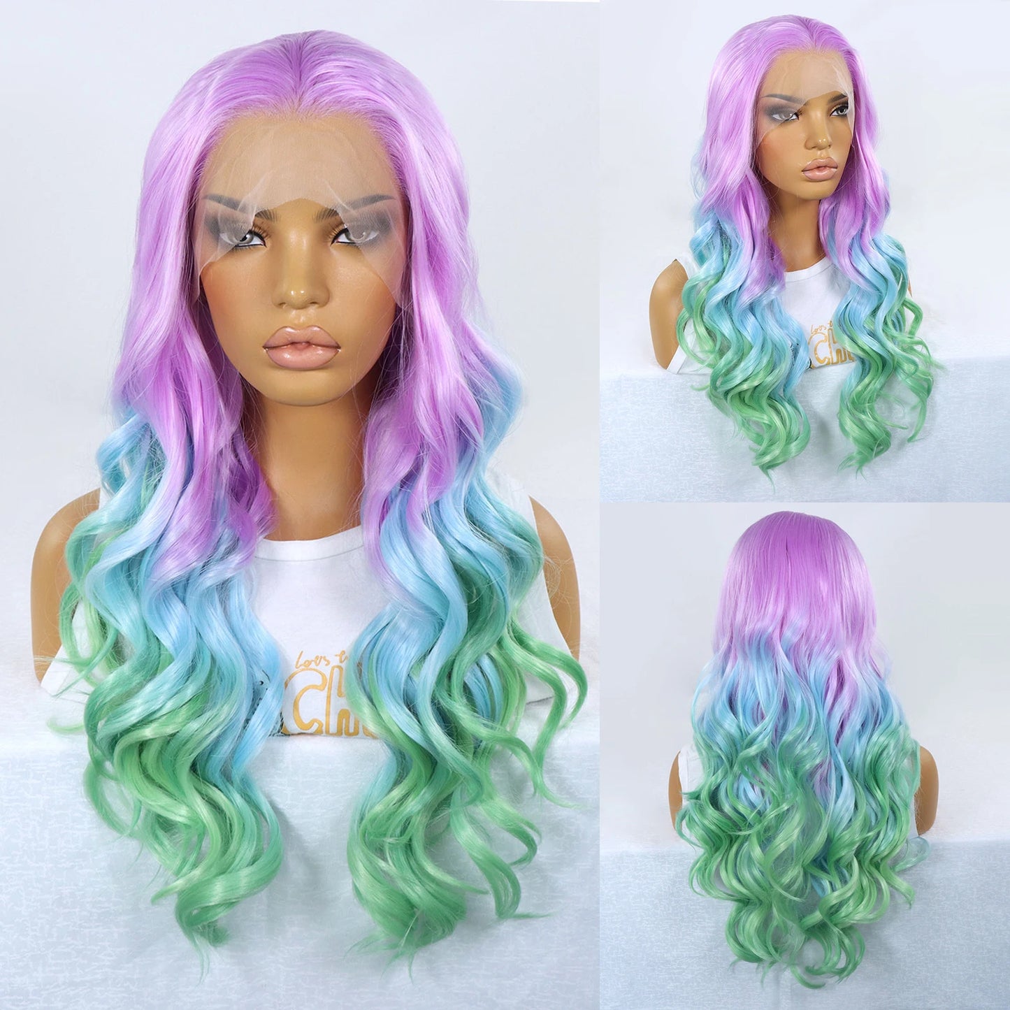 Long curly 613 blonde ombre orange red synthetic lace front wig by DoubleMfashion, featuring heat-resistant fibers.