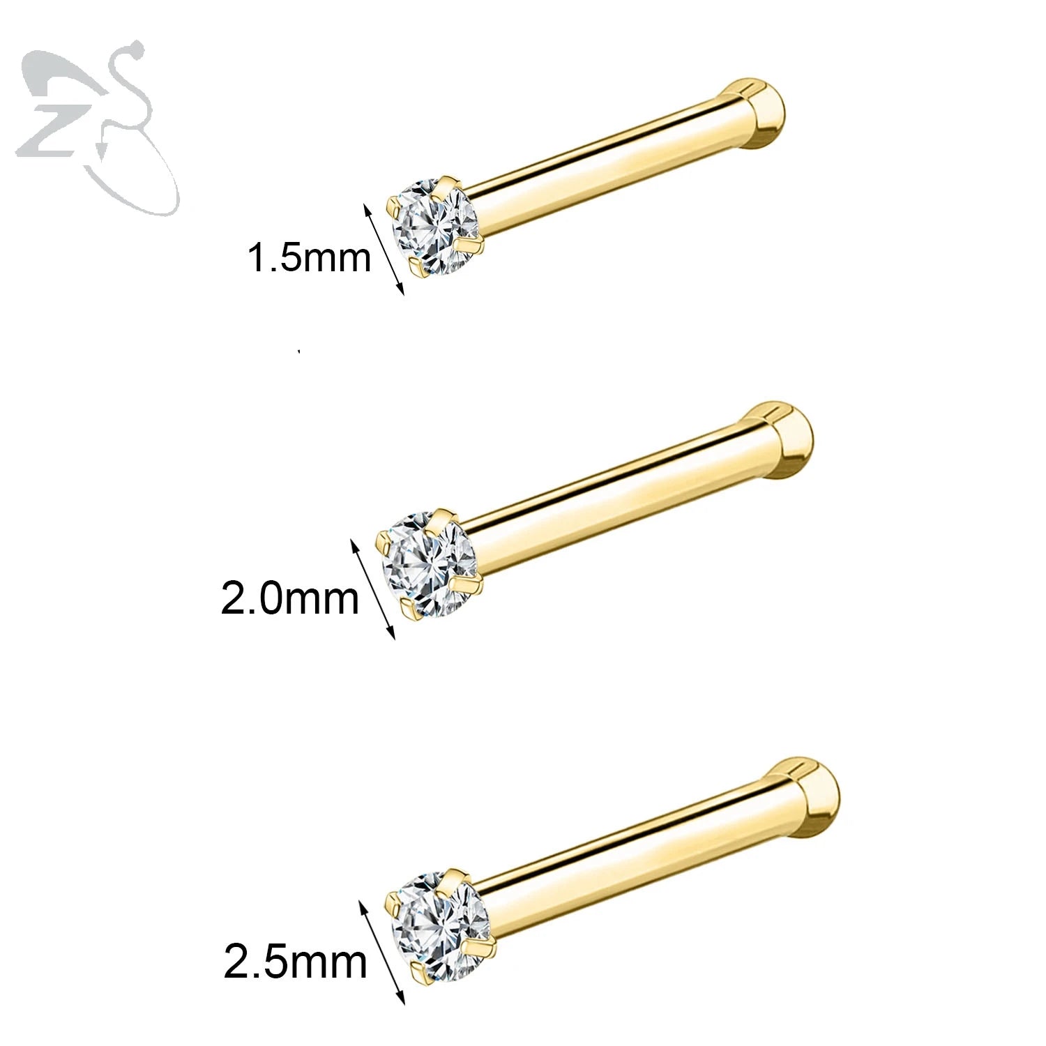 Gold stainless steel nose stud set with heart, star, and round crystal designs in L shape for nostril piercing.