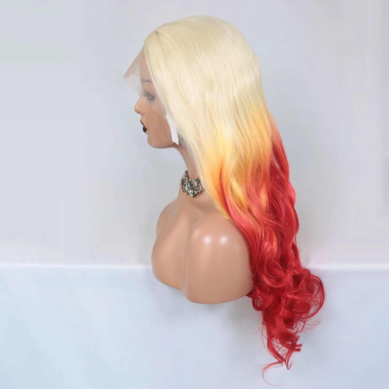 Long curly 613 blonde ombre orange red synthetic lace front wig for women by DoubleMfashion, featuring heat-resistant hair.