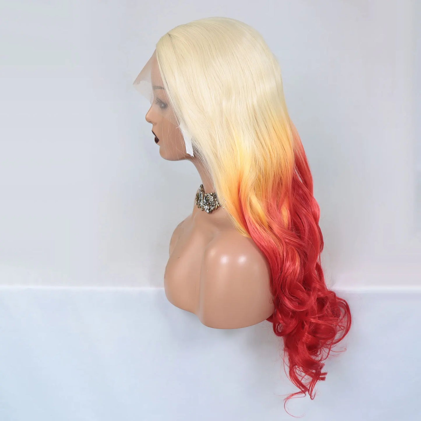 613 blonde ombre orange red synthetic lace front wig by DoubleMfashion, featuring long curly heat-resistant hair.