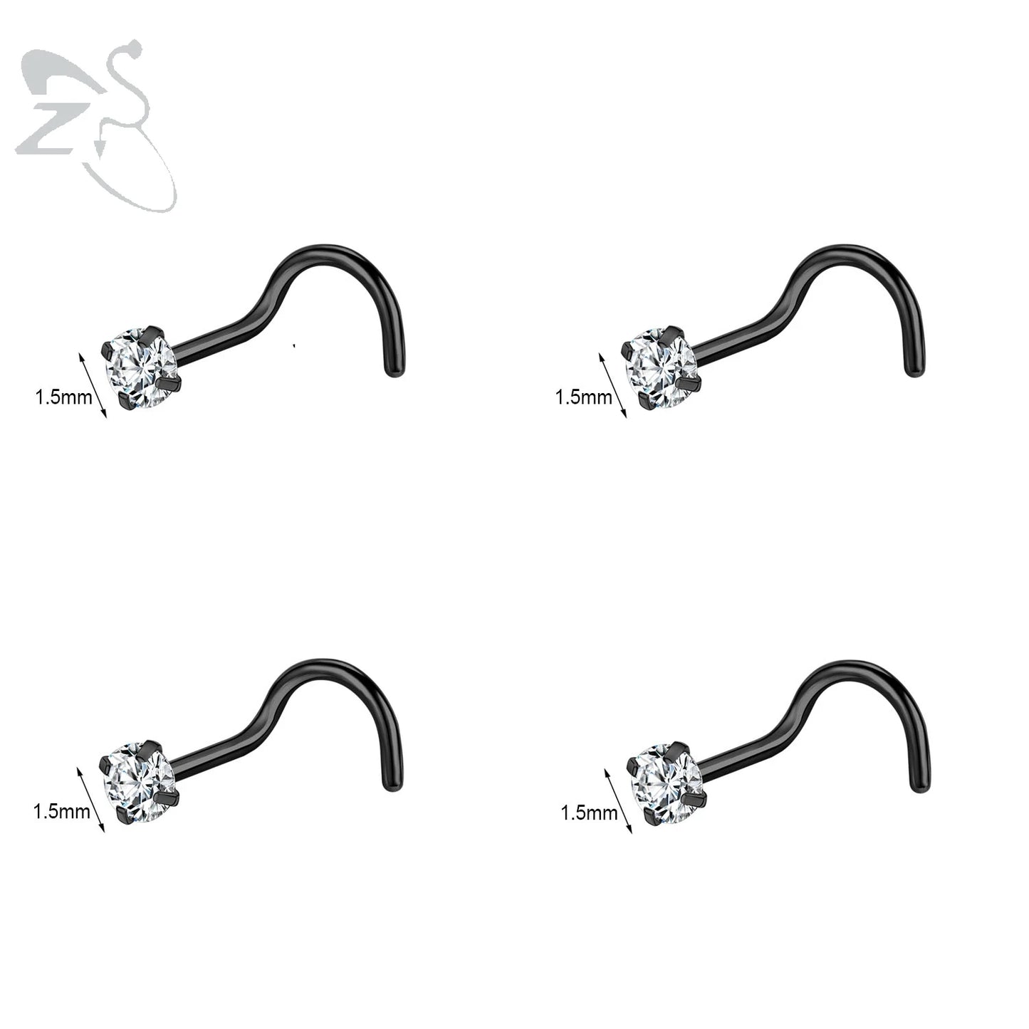 Gold stainless steel nose stud set with heart, star, and round crystals in L shape, suitable for 18g/20g nostril piercings.