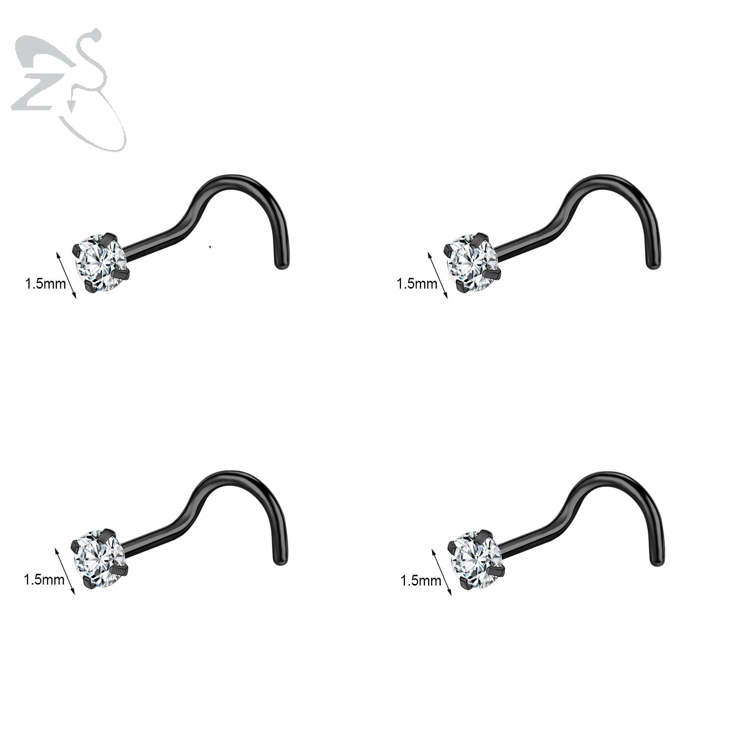 Gold stainless steel nose stud set with heart, star, and round crystals in L shape, suitable for 18g/20g nostril piercings.