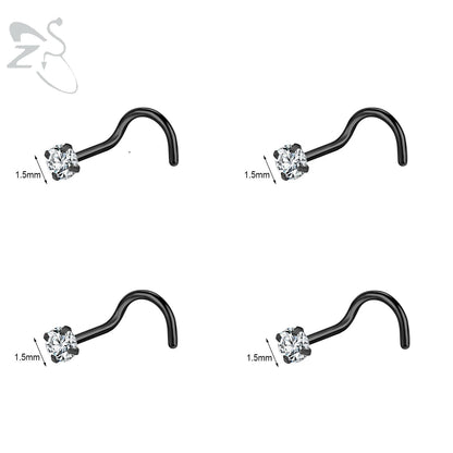 Gold stainless steel nose stud set with heart, star, and round crystals in L shape, suitable for 18g/20g nostril piercings.