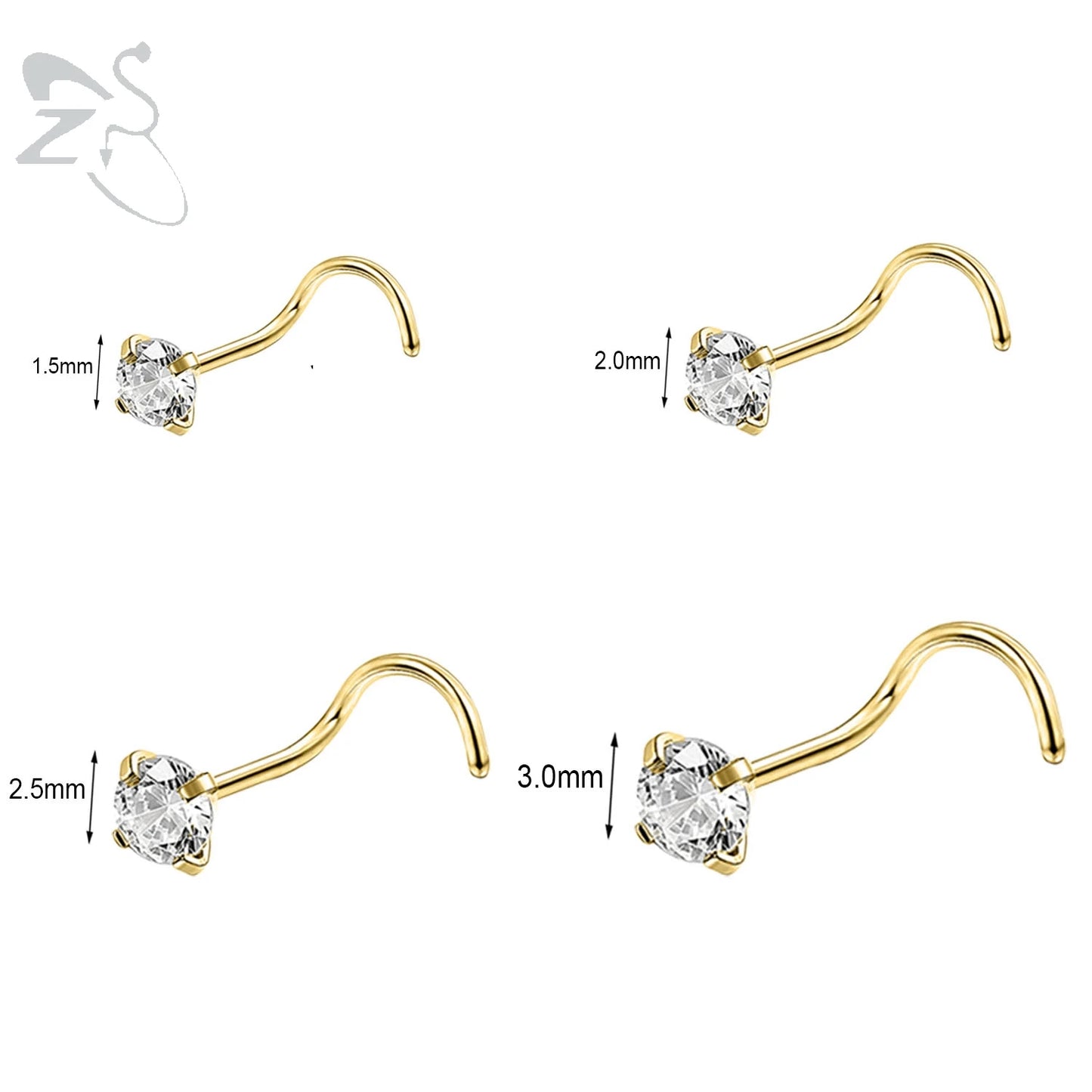 Gold stainless steel nose stud set featuring heart, star, and round crystals in L-shape design for nostril piercing.