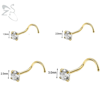 Gold stainless steel nose stud set featuring heart, star, and round crystals in L-shape design for nostril piercing.