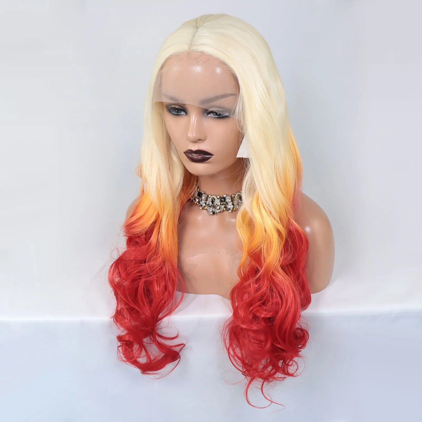 613 blonde ombre orange red synthetic lace front wig with long curly hair, perfect for women’s cosplay by DoubleMfashion.