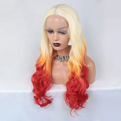 Long curly 613 blonde ombre orange red synthetic lace front wig by DoubleMfashion, featuring heat-resistant fibers.