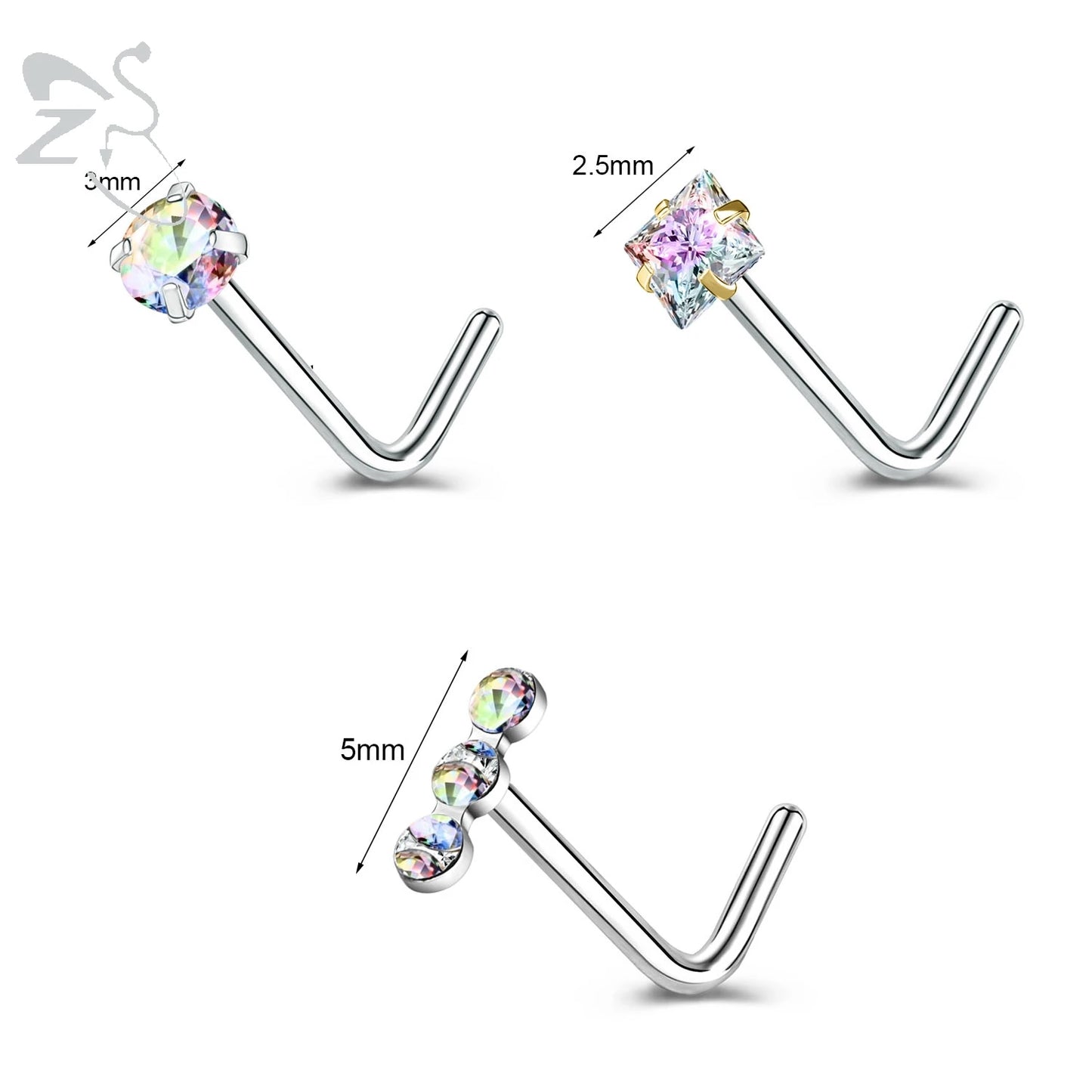 Gold stainless steel nose stud set featuring heart, star, and round crystals in L shape for nostril piercing.