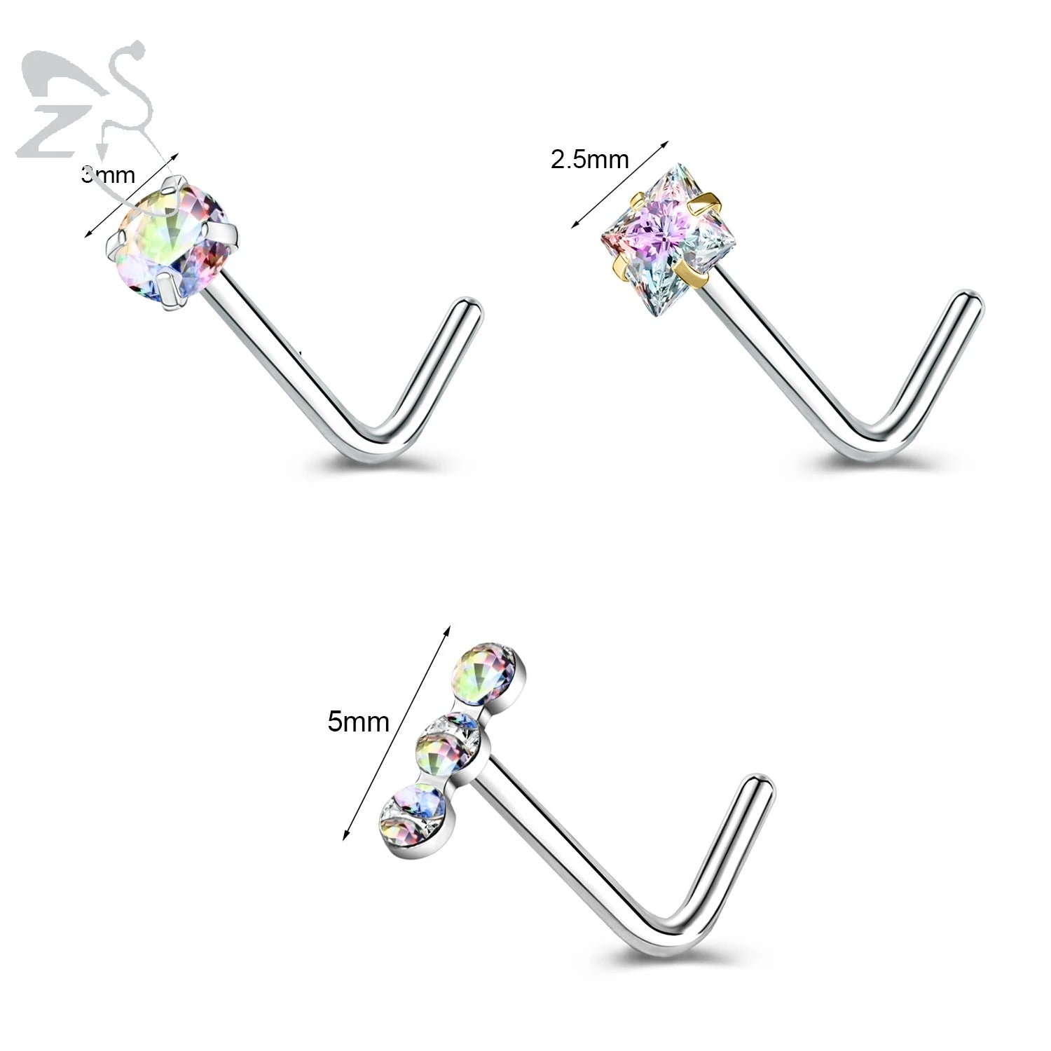 Gold stainless steel nose stud set featuring heart, star, and round crystals in L shape for nostril piercing.