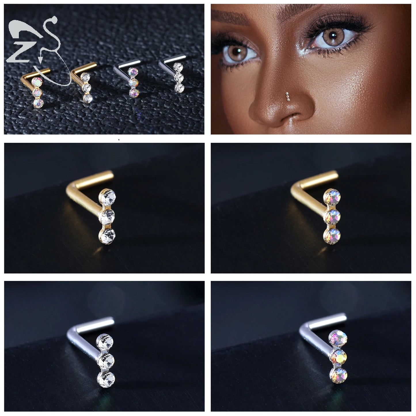 Gold stainless steel nose stud set with heart, star, and round crystal designs by DoubleMfashion, featuring L-shaped piercings.
