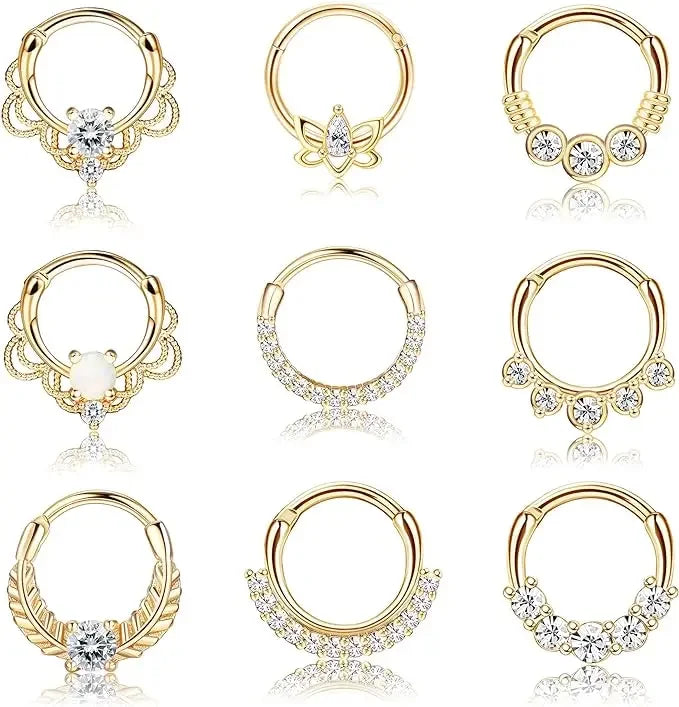 DoubleMfashion 316L stainless steel septum ring with opal and CZ accents, designed for daith and cartilage piercings.