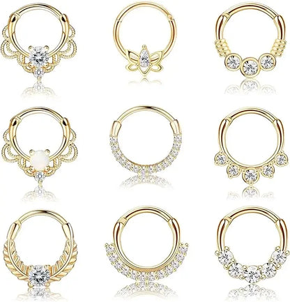 DoubleMfashion 316L stainless steel septum ring with opal and CZ accents, designed for daith and cartilage piercings.