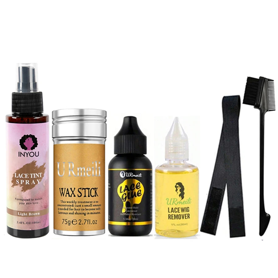 Kit de colle pour perruque Lace Wig DoubleMfashion, incluant adhésif, dissolvant, spray de teinte et bâton de cire.