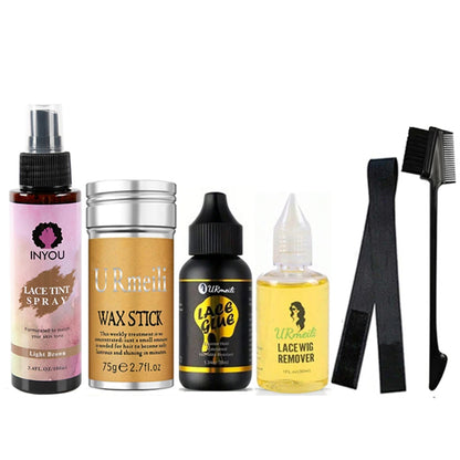 Kit de colle pour perruque Lace Wig DoubleMfashion, incluant adhésif, dissolvant, spray de teinte et bâton de cire.