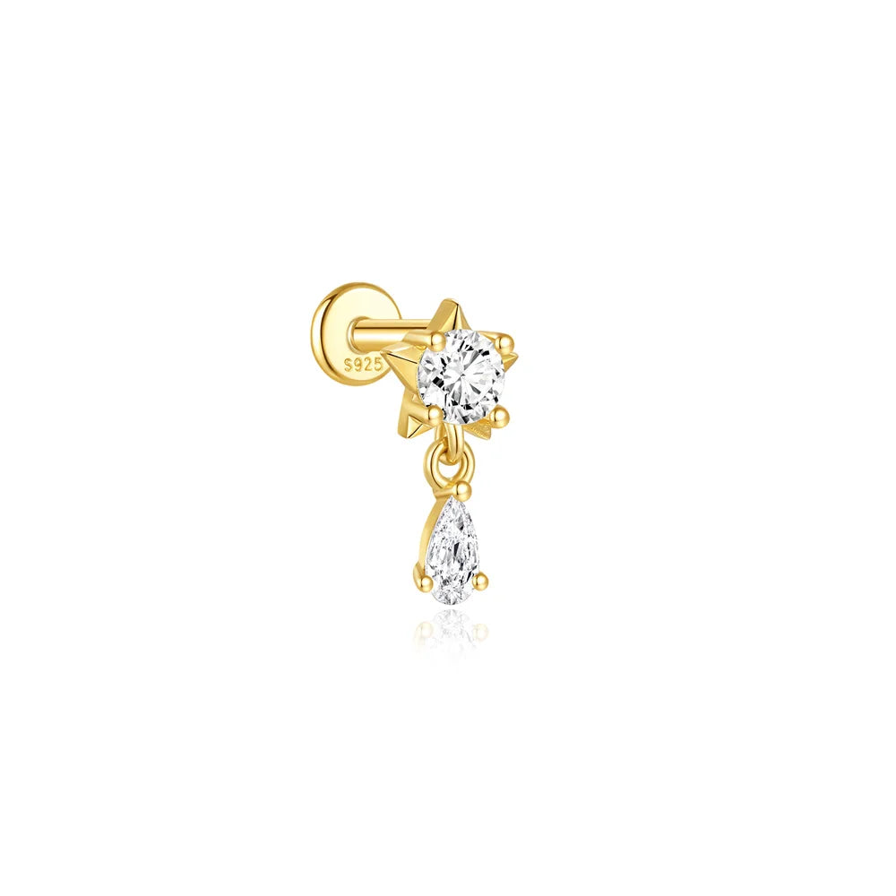 CANNER 925 Sterling Silver eight-pointed star CZ piercing earring with tassel chain, elegant design for women.