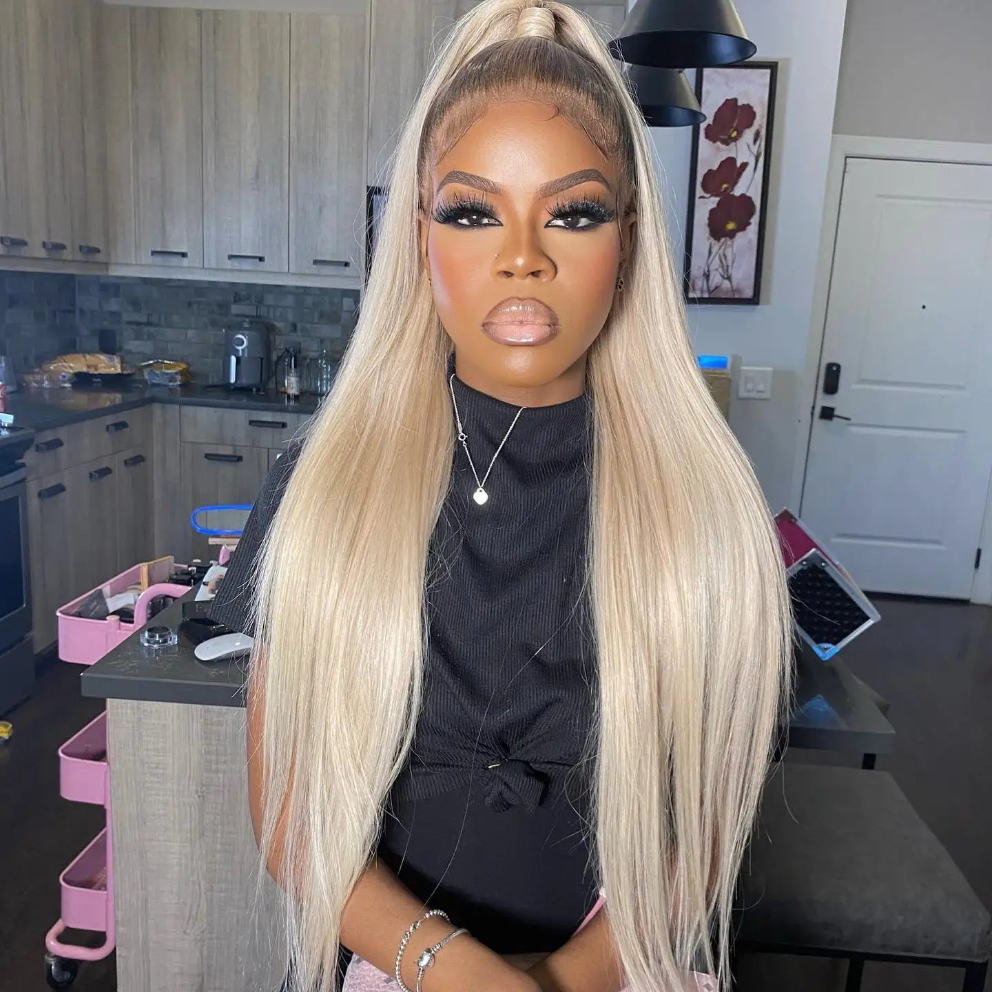 Honey blonde lace front human hair wig with dark roots, Brazilian straight style by DoubleMfashion.