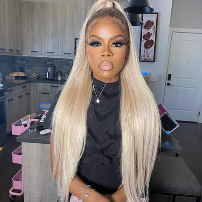 Honey blonde lace front human hair wig with dark roots, Brazilian straight style by DoubleMfashion.