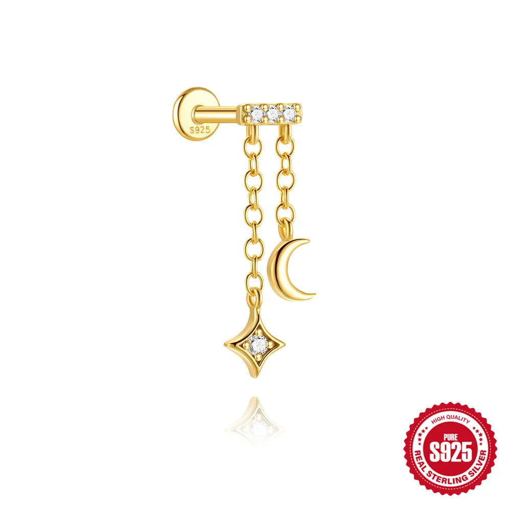 CANNER 925 Sterling Silver eight-pointed star CZ piercing earring with tassel chain for women, showcasing fine jewelry design.