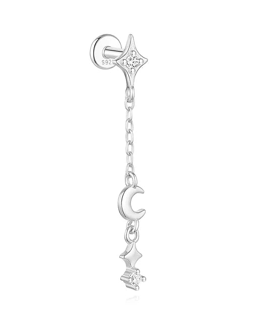 925 Sterling Silver eight-pointed star CZ piercing earring with tassel chain, designed for women by DoubleMfashion.