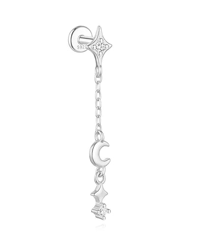 925 Sterling Silver eight-pointed star CZ piercing earring with tassel chain, designed for women by DoubleMfashion.