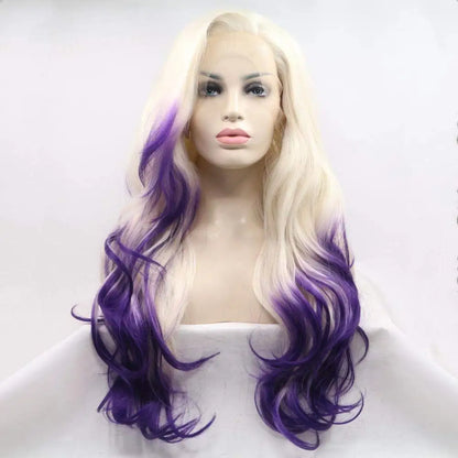 Blonde to purple ombre lace front wig by DoubleMfashion, featuring long wavy body waves and heat-resistant synthetic hair.