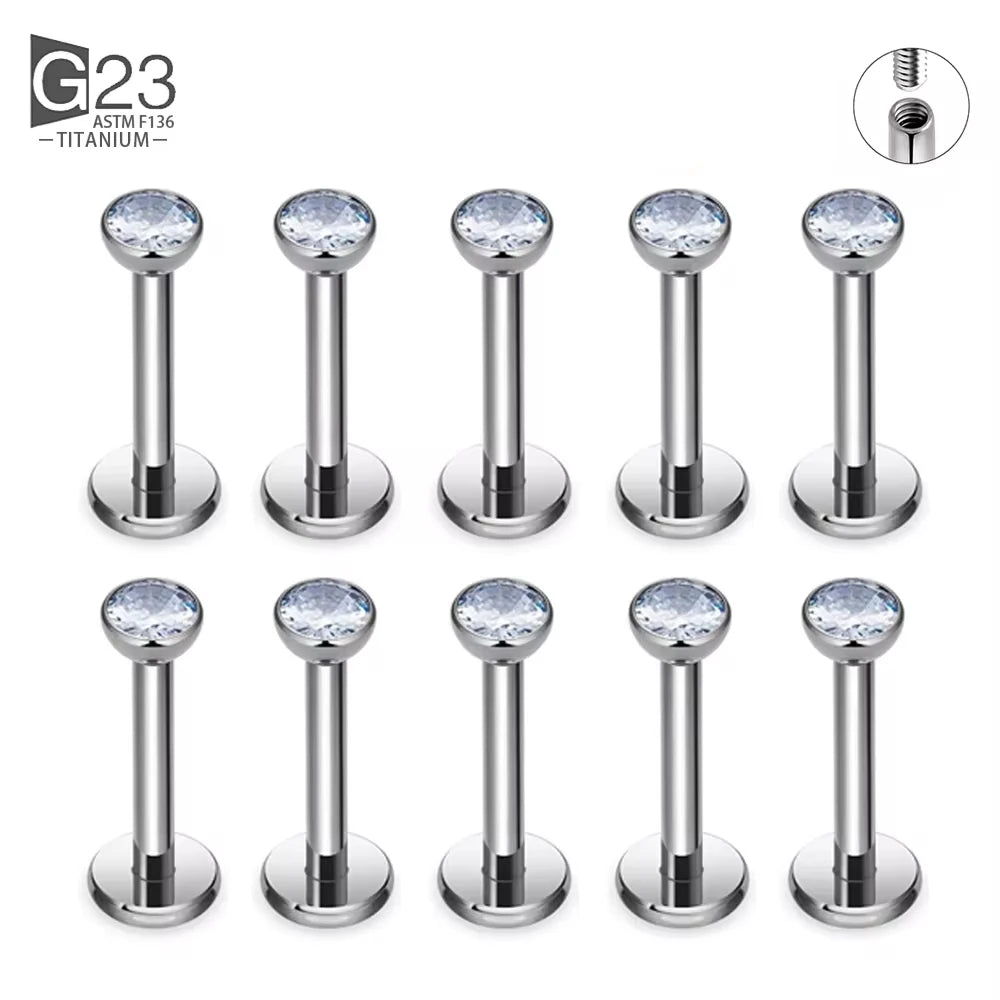 10-piece G23 titanium labret ear studs with square CZ stones, ideal for cartilage and tragus piercings by DoubleMfashion.
