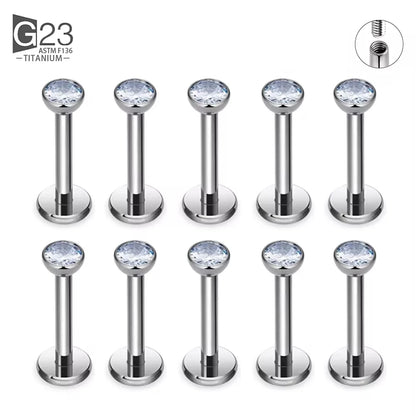 10-piece G23 titanium labret ear studs with square CZ stones, ideal for cartilage and tragus piercings by DoubleMfashion.